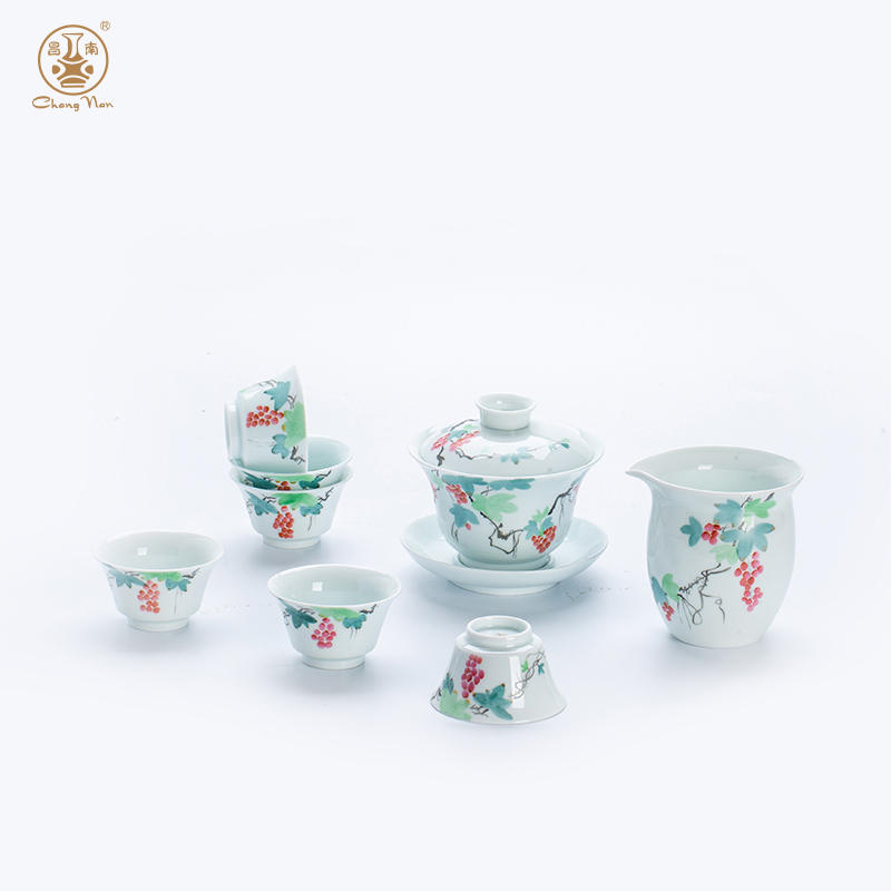 玉瓷手繪“吉運添?！?頭蓋碗茶具套裝